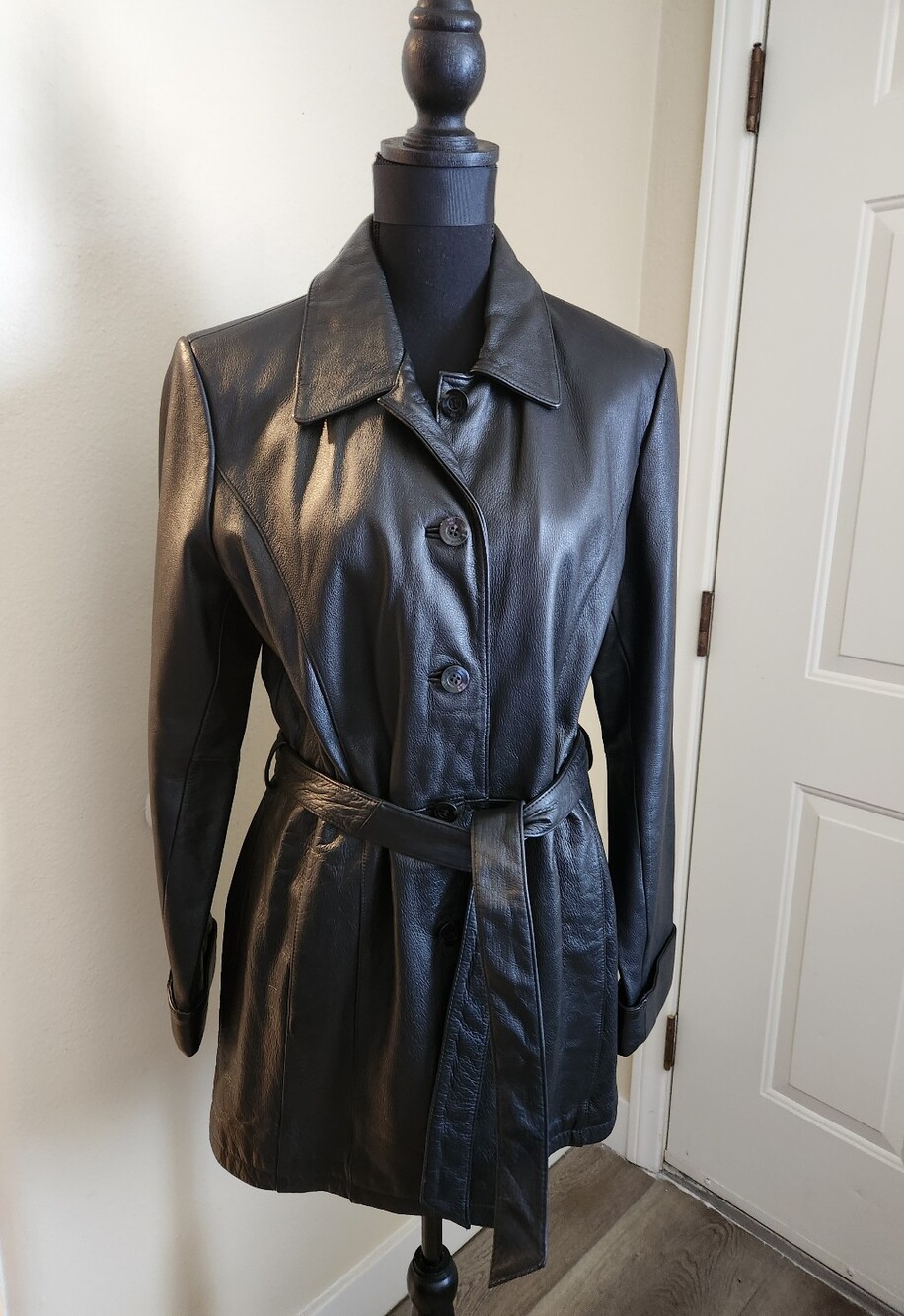 Classic Black Leather Belted Jacket - Women